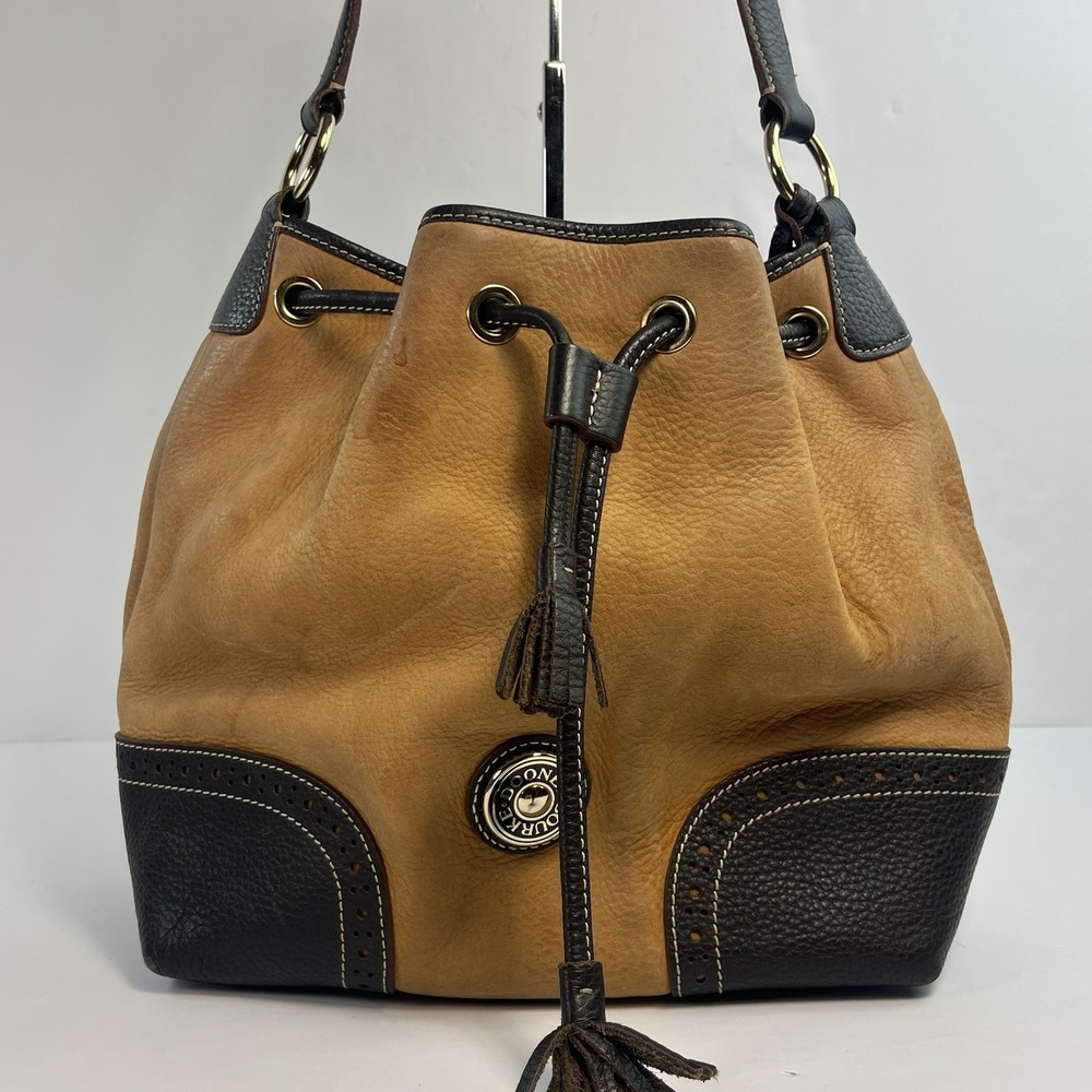 Dooney Bourke Brown Suede Black Leather Drawstring Bucket Bag - Picture 1 of 10